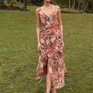 Lulus Notable Poise Rust Floral Print Lace-up Ruffled Maxi Dress Brown - Size XL